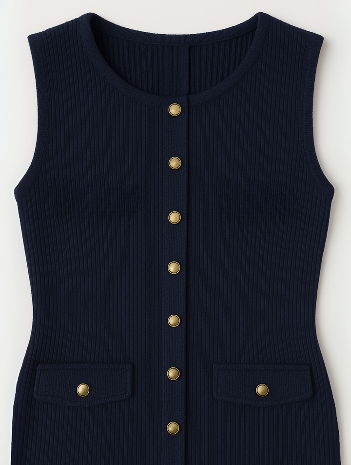 Ivory button-front ribbed midi dress for women. Sleeveless, elegant, and versatile for casual or sophisticated looks.