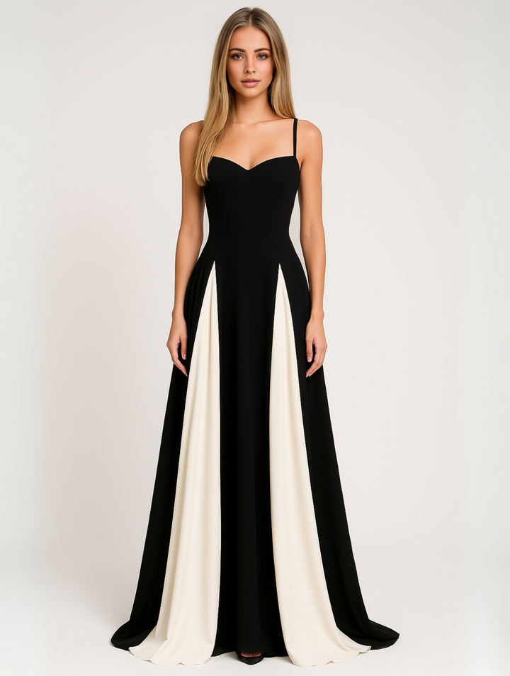 Elegant women's black maxi dress with chic contrast panel. Perfect sleeveless evening gown for formal events & parties.