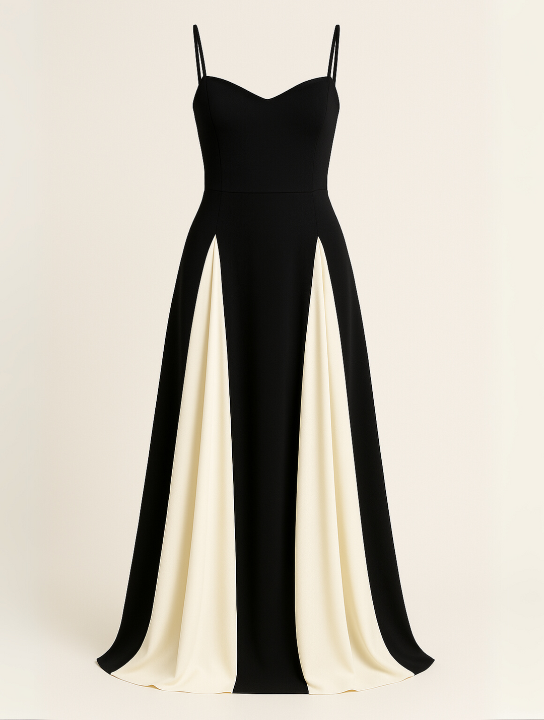 Long women's black maxi dress with elegant contrast panel. Sleeveless formal evening gown, perfect for special occasions.