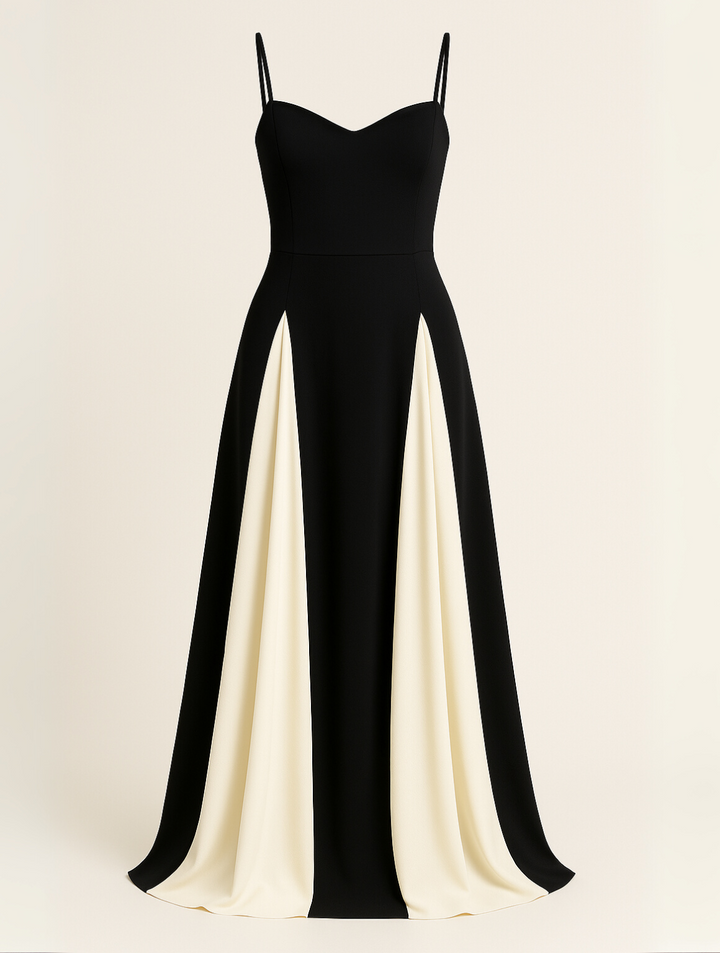 Long women's black maxi dress with elegant contrast panel. Sleeveless formal evening gown, perfect for special occasions.