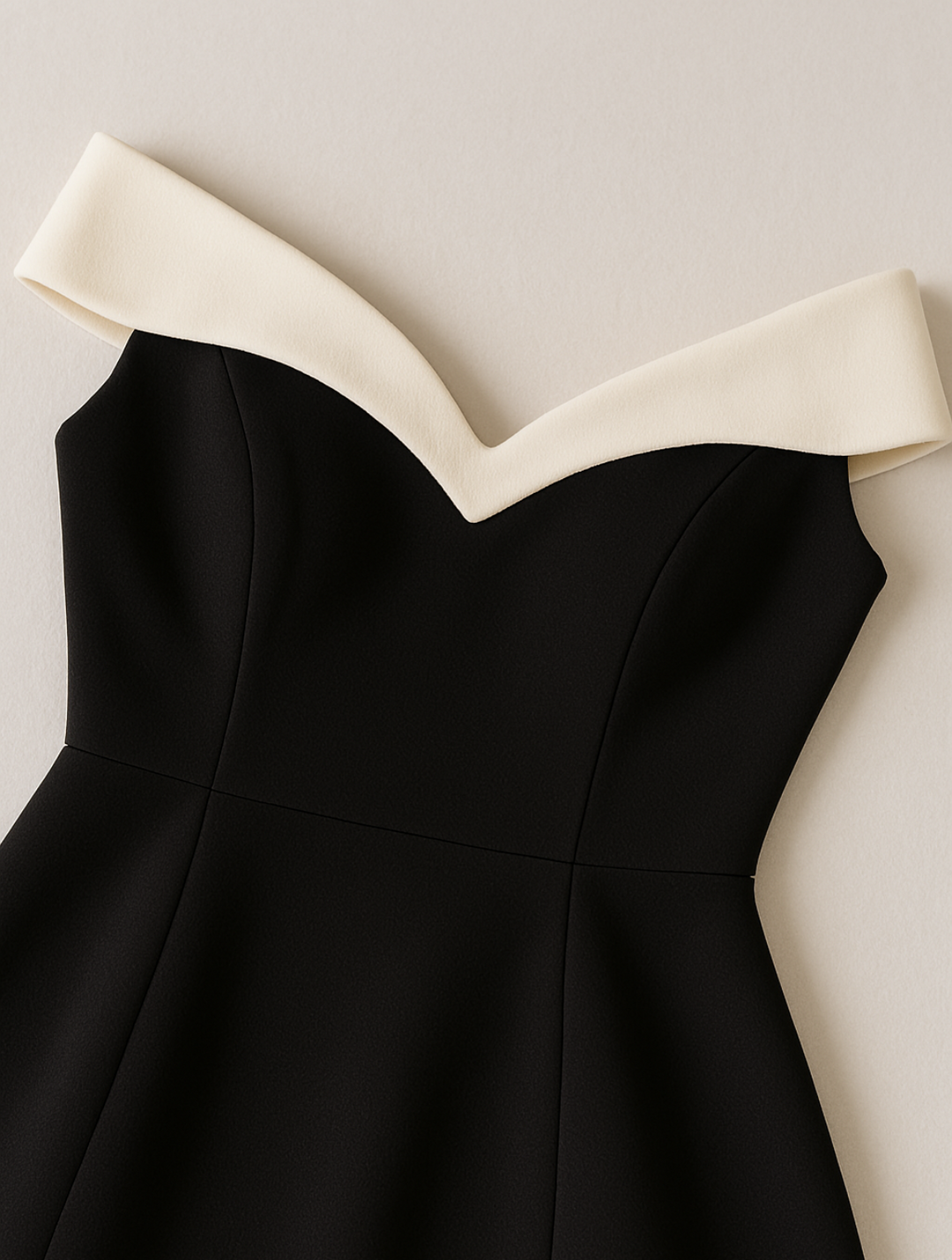 Sophisticated women's off-shoulder contrast minidress. Timeless, elegant, and flattering short formal party dress.