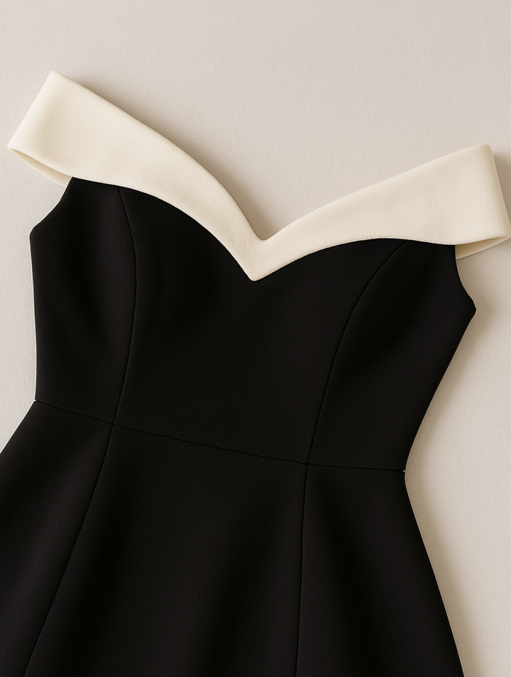 Sophisticated women's off-shoulder contrast minidress. Timeless, elegant, and flattering short formal party dress.