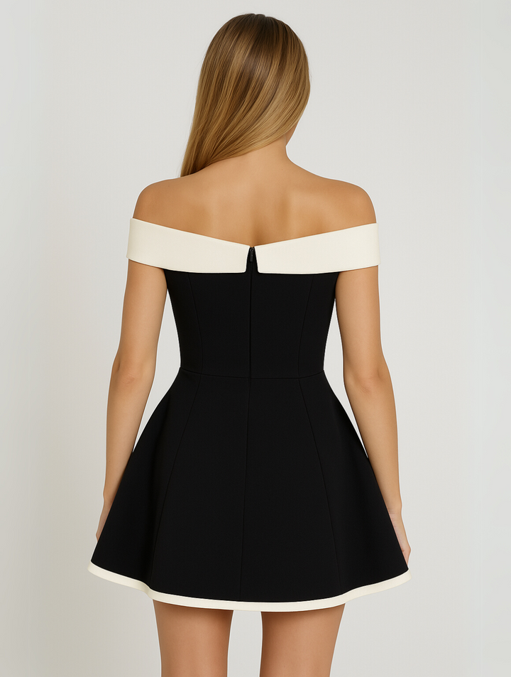 Timeless women's off-shoulder contrast minidress. Elegant short party dress, ideal for cocktails & special events.