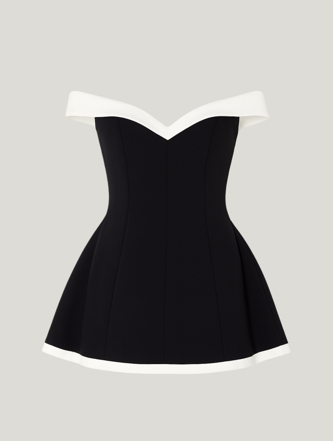 Chic women's off-shoulder contrast mini dress. Flattering elegant party, cocktail, and formal short evening dress.