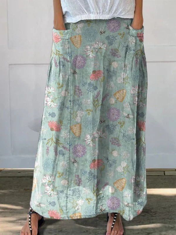 Women's A-line floral & bumble bee print midi pocket skirt, perfect for casual spring fashion.