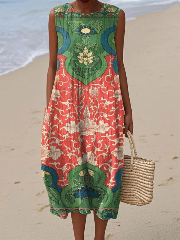 Women's bohemian midi dress with floral pattern. Relaxed fit, sleeveless, perfect for summer casual or vacation wear.