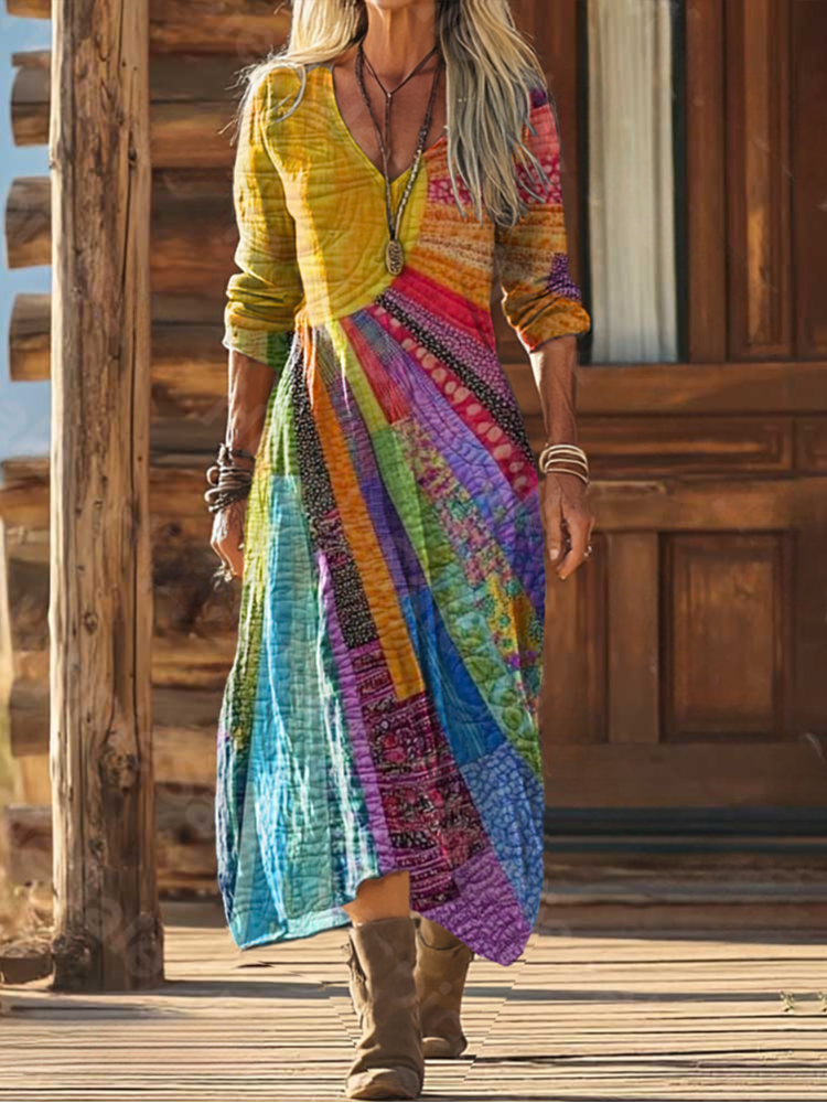 Elegant women's bohemian sun design dress, perfect for summer vacation or casual wear. Features a stylish V-neck.
