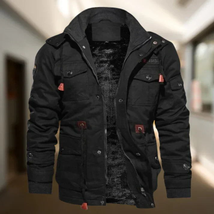 Men's versatile hooded military jacket, ideal for autumn & winter casual outerwear. Features utility pockets.