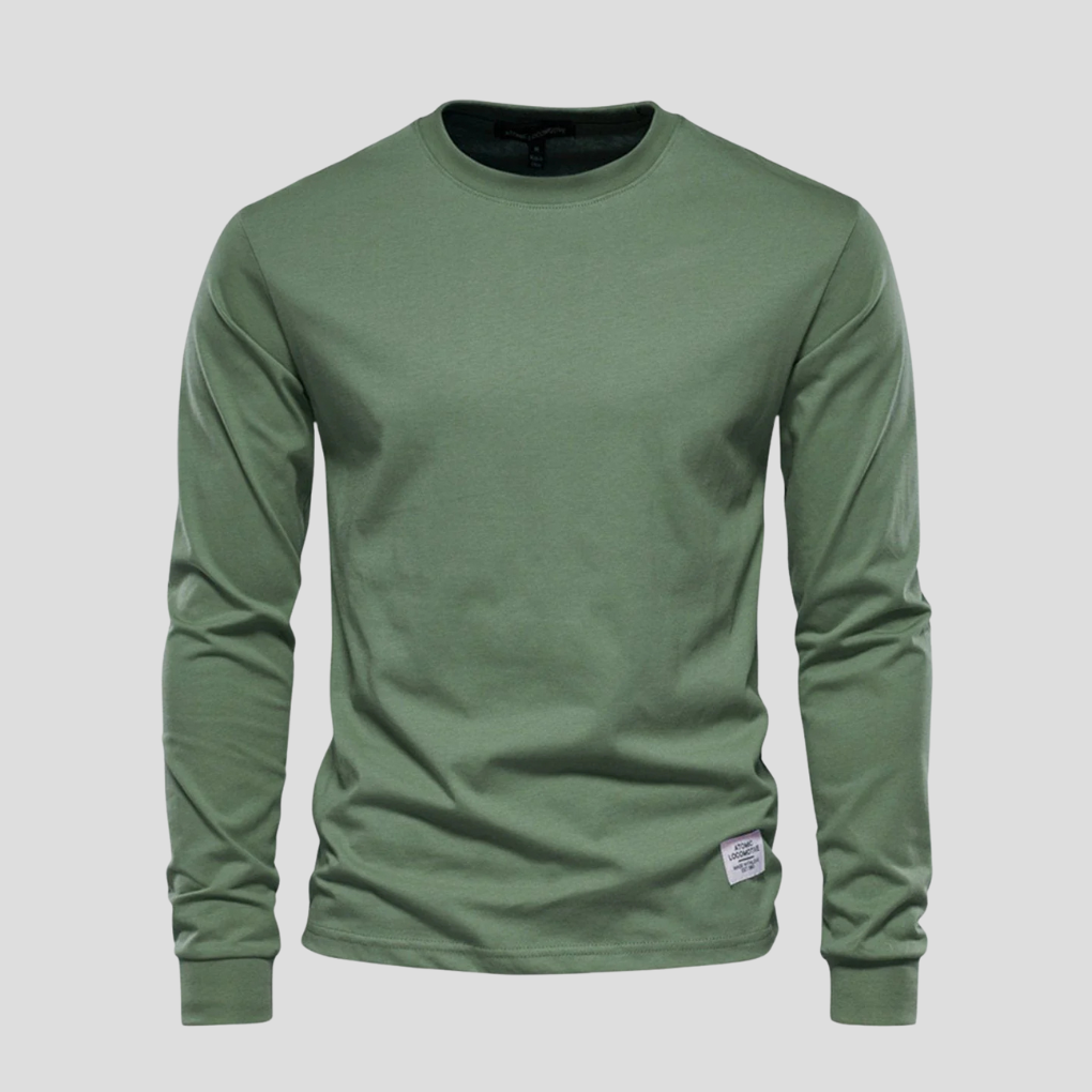 Men's long-sleeve round-neck shirt, a foundational piece for comfortable men's fashion.