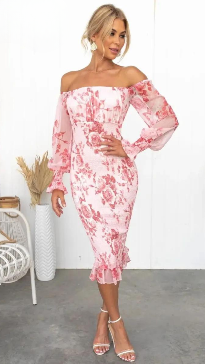 Elegant floral off-shoulder ruffle midi dress for women, perfect for spring/summer occasions & wedding guests.