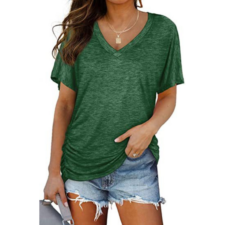 Stylish women's V-neck blouse with a comfortable loose fit. Ideal for everyday fashion and womenswear.