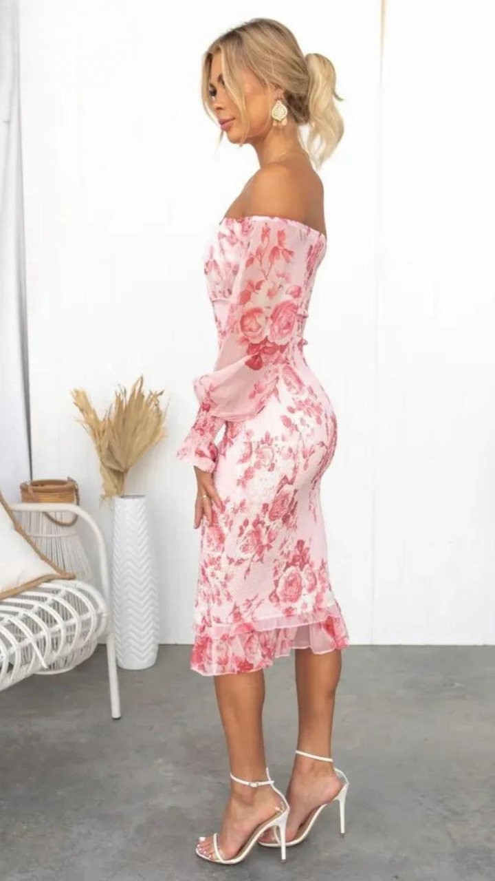 Chic blue floral off-shoulder ruffle midi dress, a versatile elegant occasion wear for women.