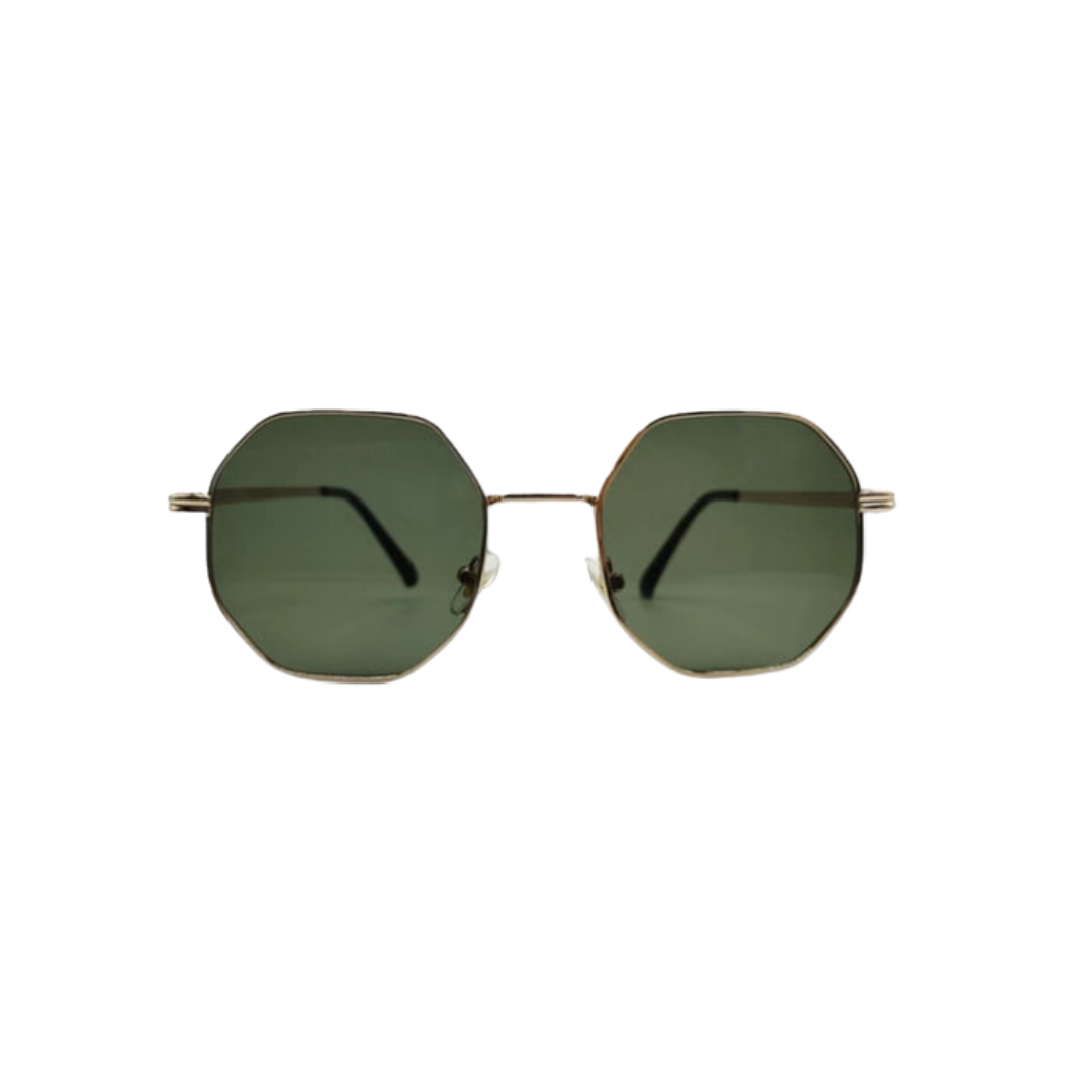 Vintage-style women's money sunglasses. Polygonal metal frame and resin lenses for summer.