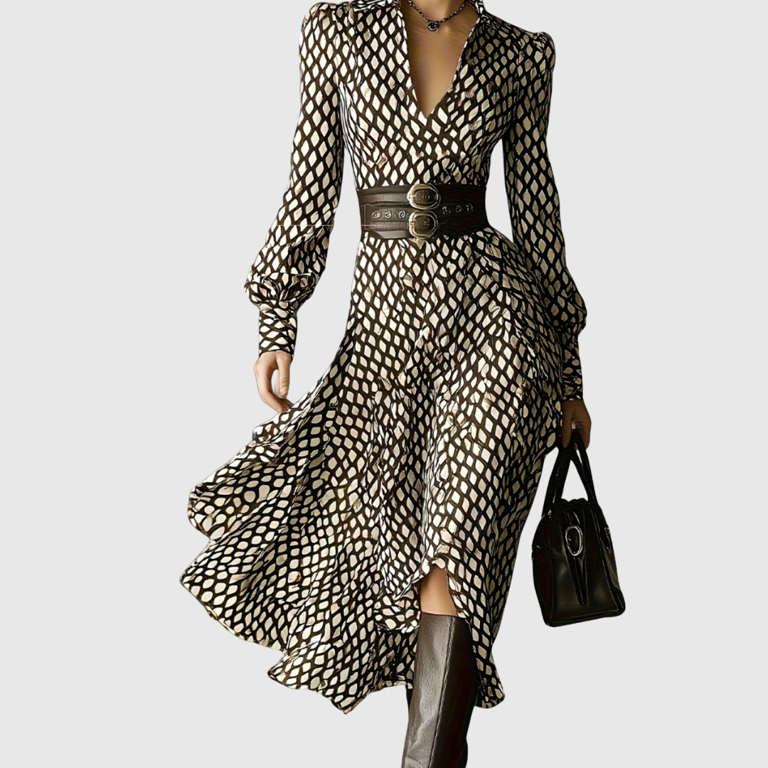 Elegant women's midi dress, rhombus print. Long sleeve, versatile for autumn/winter fashion.