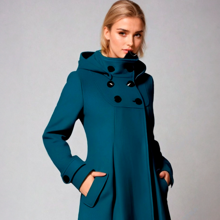 Elegant women's funnel-neck A-line double-breasted coat. Chic fall/winter outerwear for stylish layering.