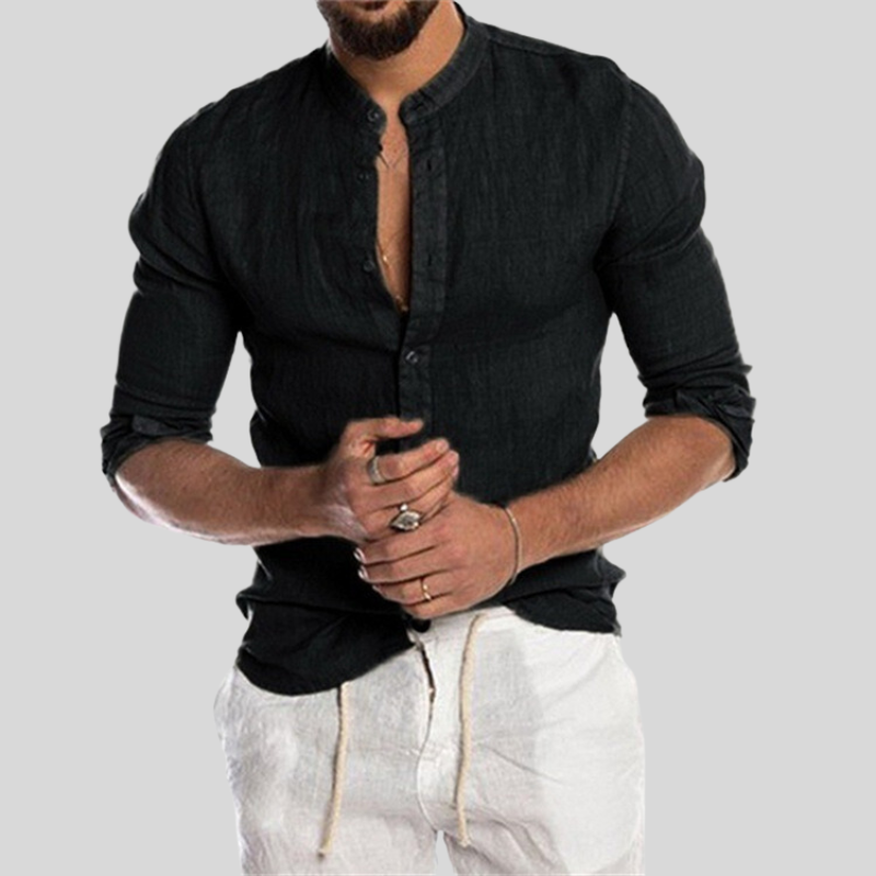 Black men's lightweight long sleeve casual shirt with band collar, comfortable for everyday wear.