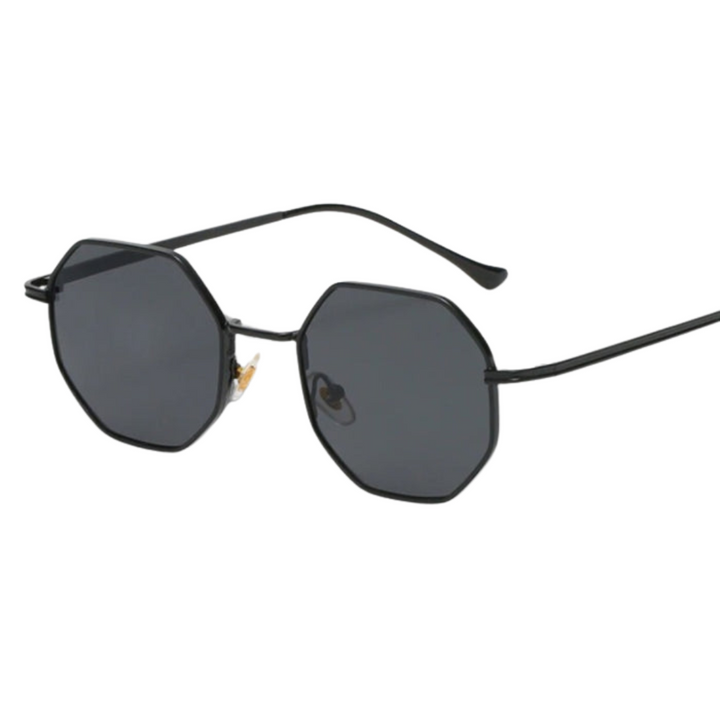 Trendy women's polygonal metal sunglasses. Stylish summer shades, fashion accessory, eye protection.
