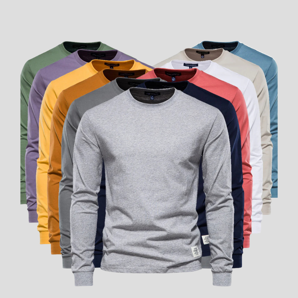 Men's long-sleeve round-neck shirt, classic everyday comfort casual top for versatile wear.