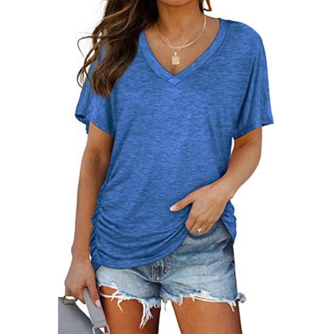 Women's V-neck batwing sleeve loose fit shirt. Comfortable, stylish, and versatile for daily fashion.