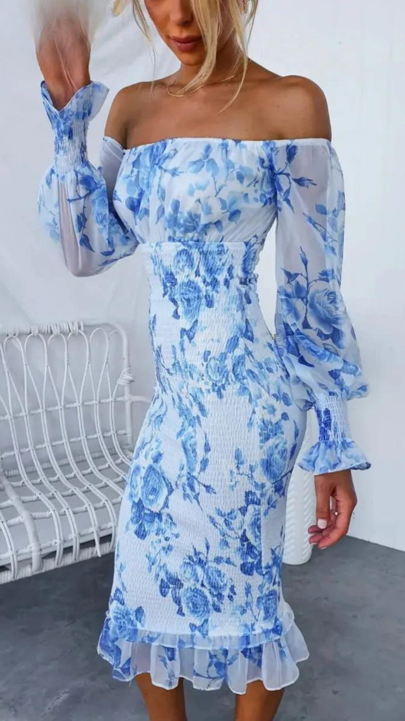 Flowy women's floral midi dress with trendy off-shoulder ruffles, an elegant choice for any occasion.