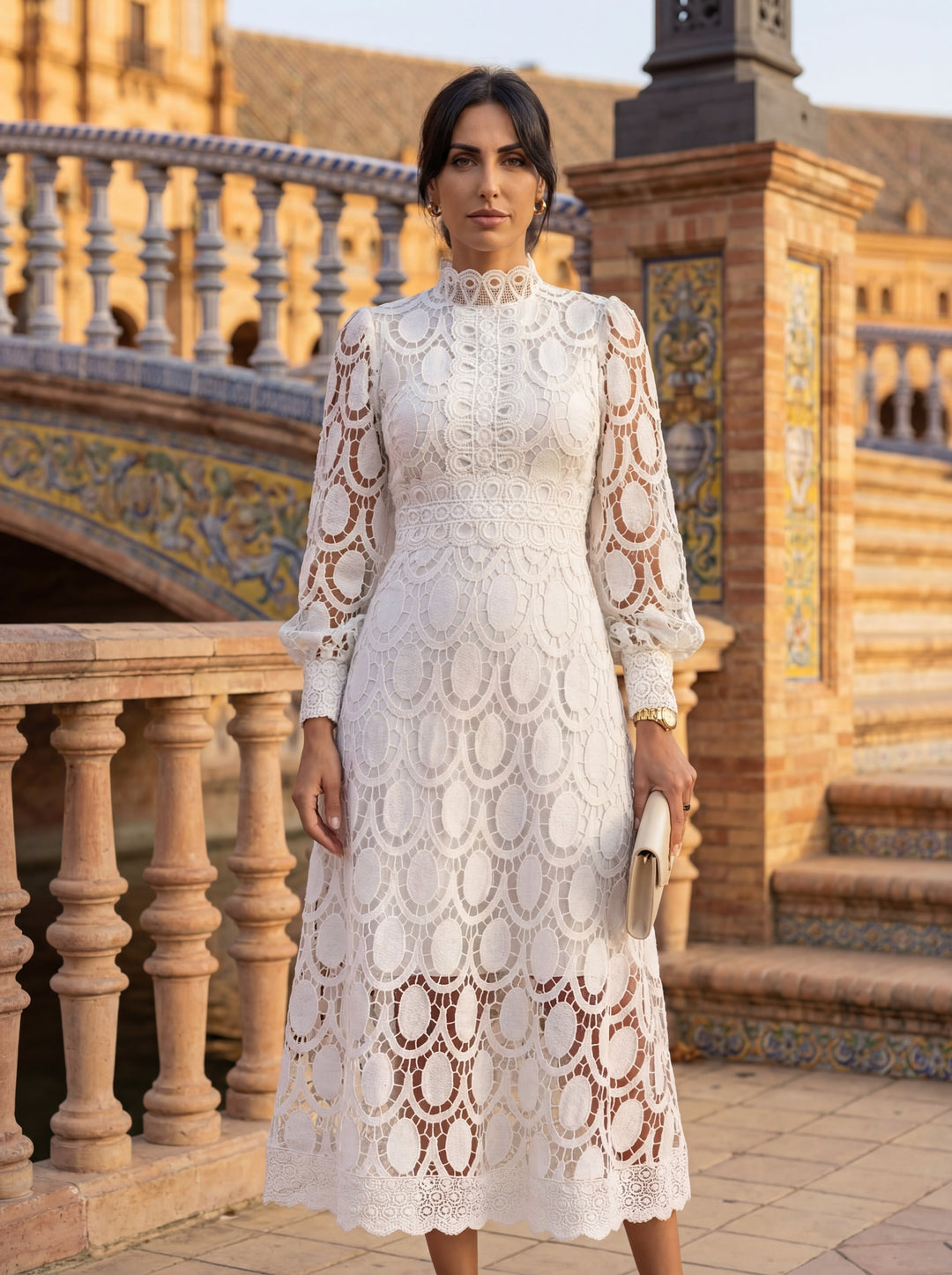 Feminine women's long sleeve formal dress, elegant for a spring wedding guest or party.