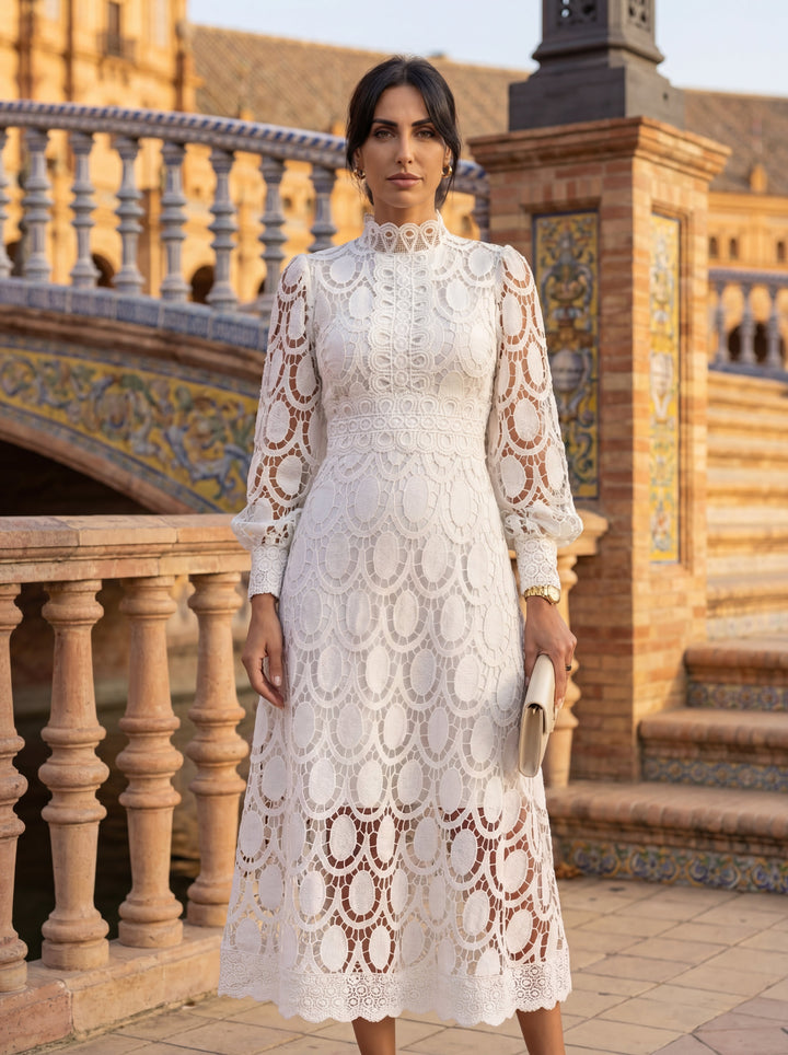 Feminine women's long sleeve formal dress, elegant for a spring wedding guest or party.