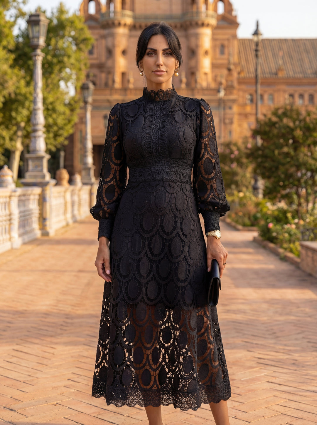 Sophisticated long sleeve midi cocktail dress for women, ideal for spring evening wear.