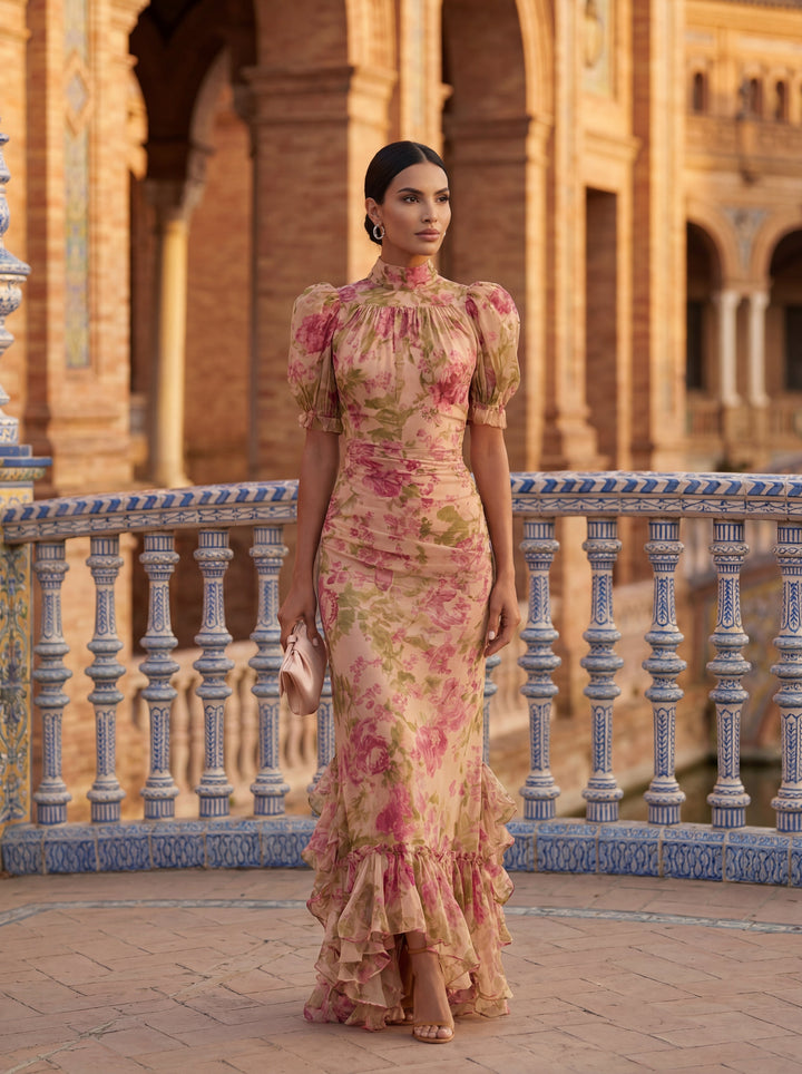 Elegant women's floral midi dress with a watercolor print, perfect for special occasions or summer parties.