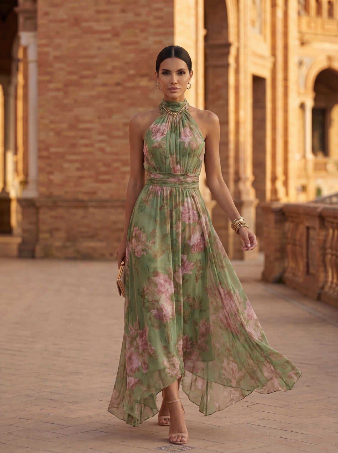 Elegant women's halter neck floral print midi dress, perfect for summer occasion wear and vacations.