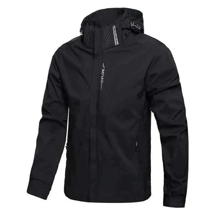 Men's lightweight hooded rain jacket, weatherproof & reflective, ideal for outdoor protection.