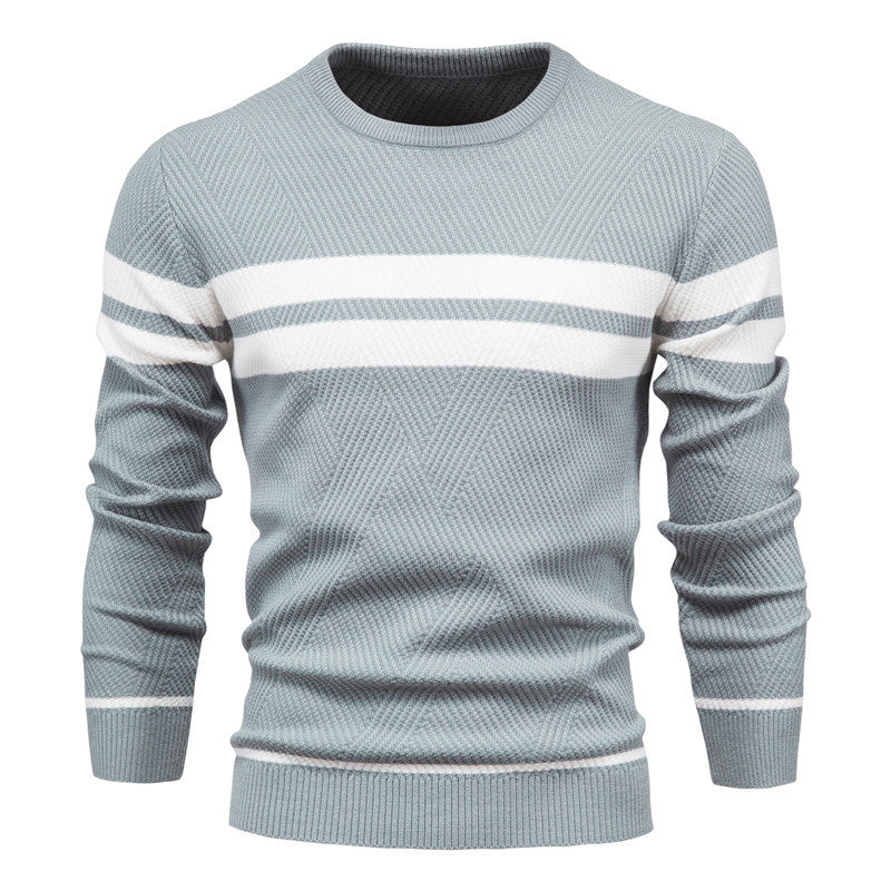 Slim fit men's striped crew neck sweater, versatile for layering, modern casual fashion.