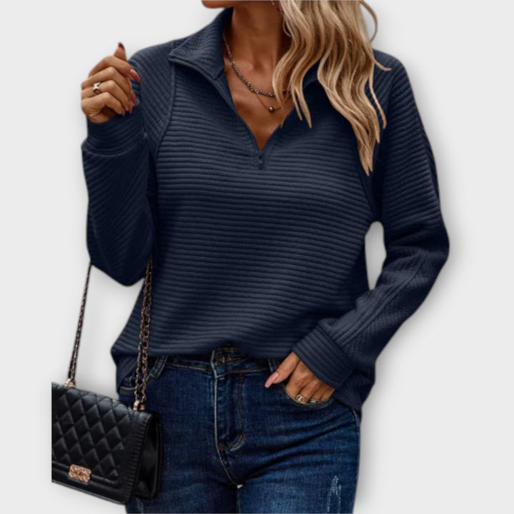 Elegant women's V-neck zipper jumper, ideal for casual wear. Comfortable long sleeve knit pullover style.
