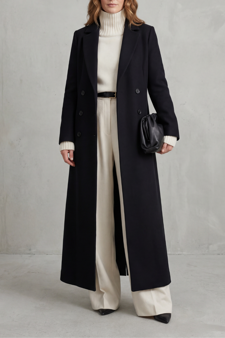 Women's custom-fit long winter coat, perfect for everyday elegant style in cold weather. Classic outerwear.