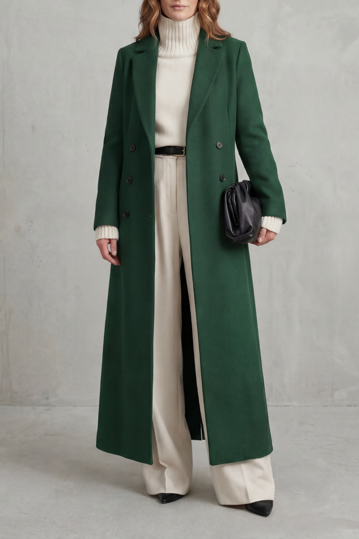 Stylish women's custom-fit long winter coat, elegant design for everyday wear. Warm outerwear for ladies.