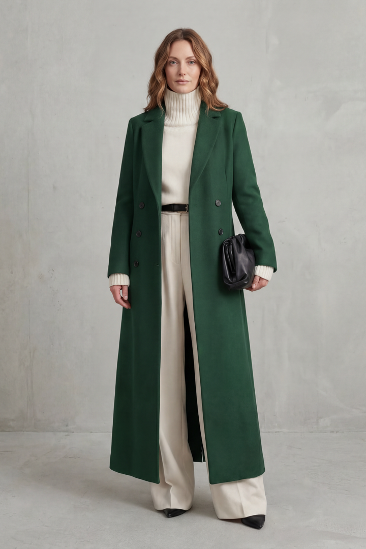 Women's custom-fit long winter coat, an elegant classic outerwear piece for everyday cold weather style.