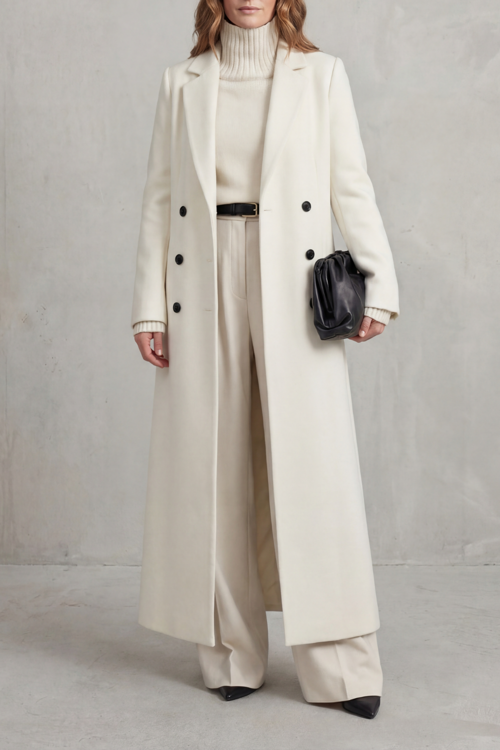 Versatile women's long winter coat, custom-fit for casual or dressy everyday fashion in cold weather.