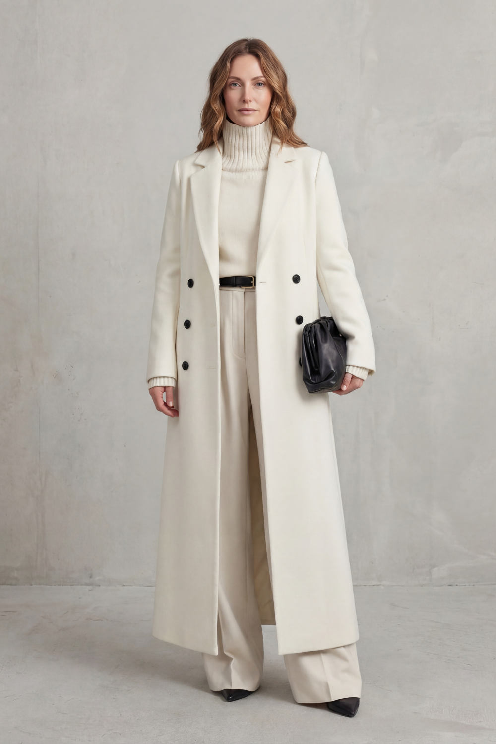 Elegant custom-fit long winter coat for women. A classic ladies jacket, perfect for everyday cold weather style.