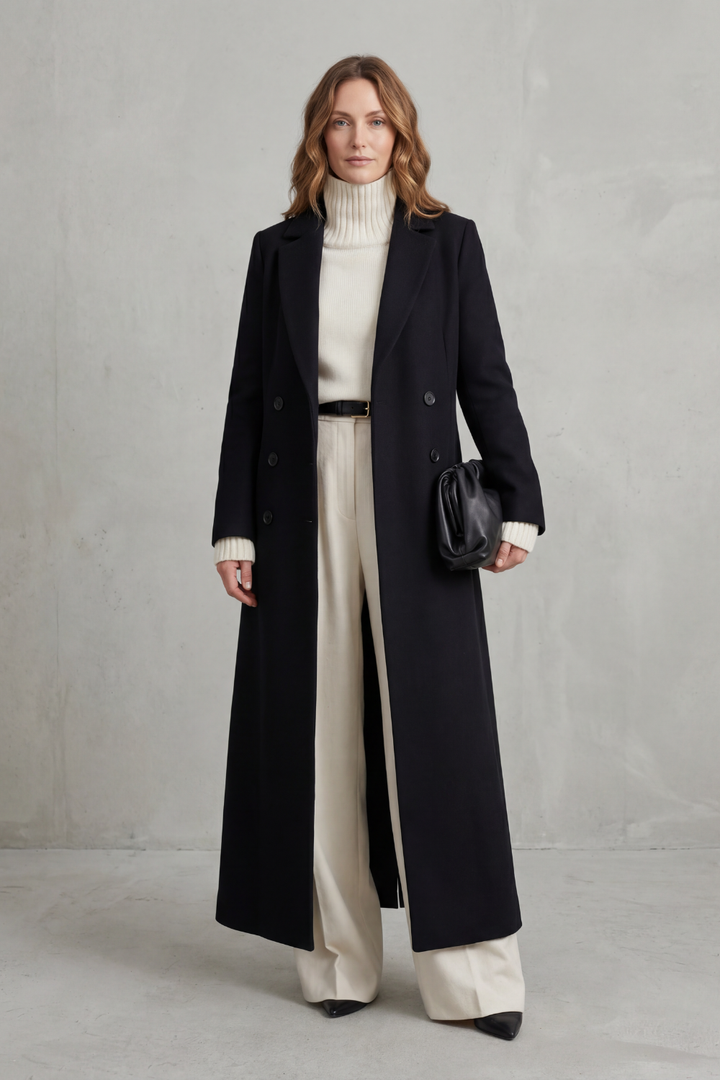 Custom-fit women's long winter coat, ensuring a flattering silhouette for classic everyday style & warmth.