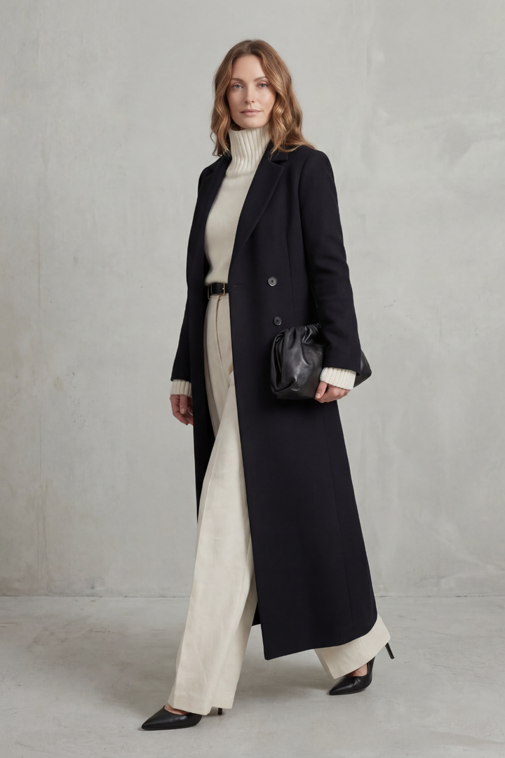 Elegant women's long winter coat, ideal for dress or casual everyday fashion. A versatile cold-weather classic.