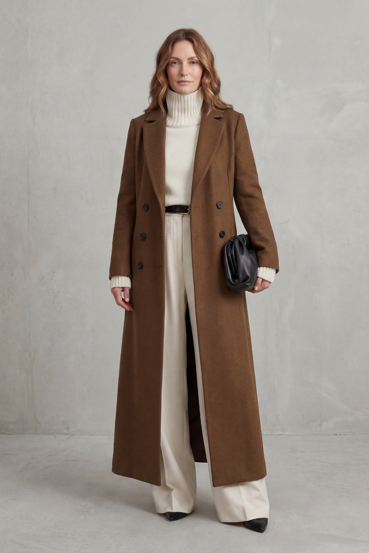 Women's long winter coat, custom-fit for fall fashion. Elegant & classic outerwear for everyday cold weather style.
