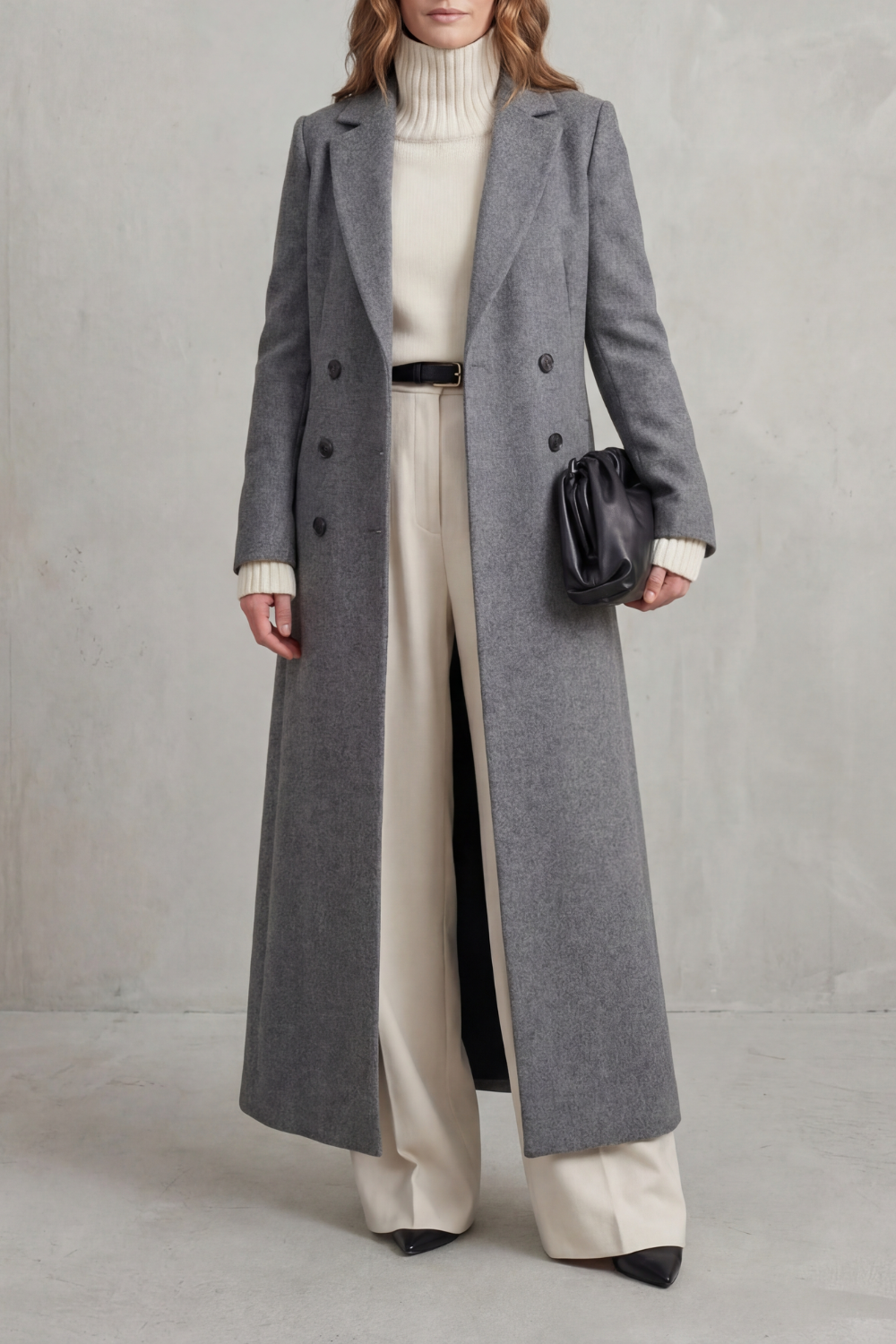 Full-length women's winter coat, custom-fit for classic, elegant everyday style and cold weather fashion.