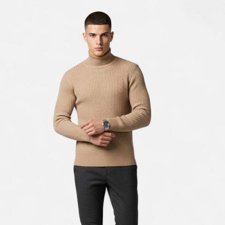 Men's oversized high-lapel sweater. Warm, cozy, and stylish knitwear for layering comfort.