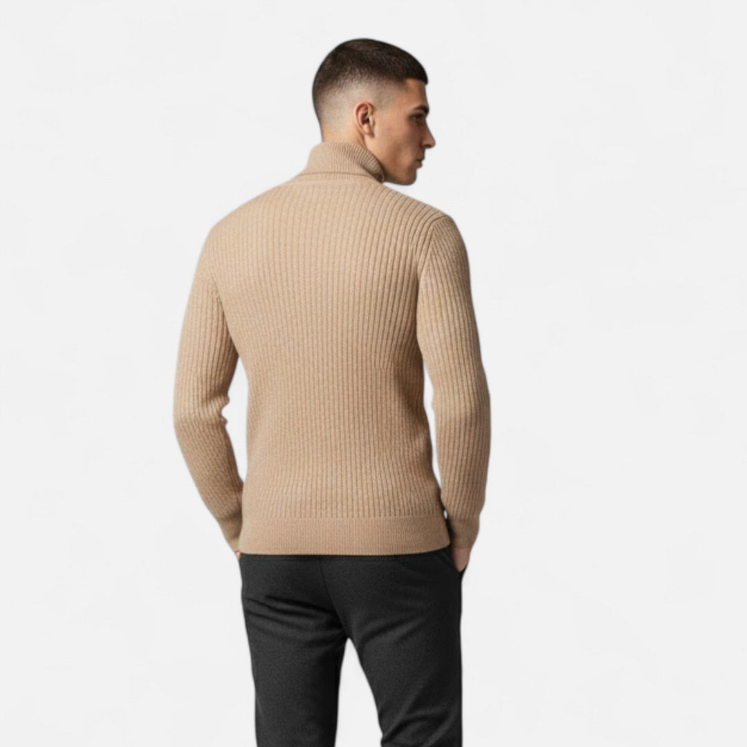 Luxurious men's oversized high-lapel pullover. Soft knit sweater, perfect for elegant casual wear.
