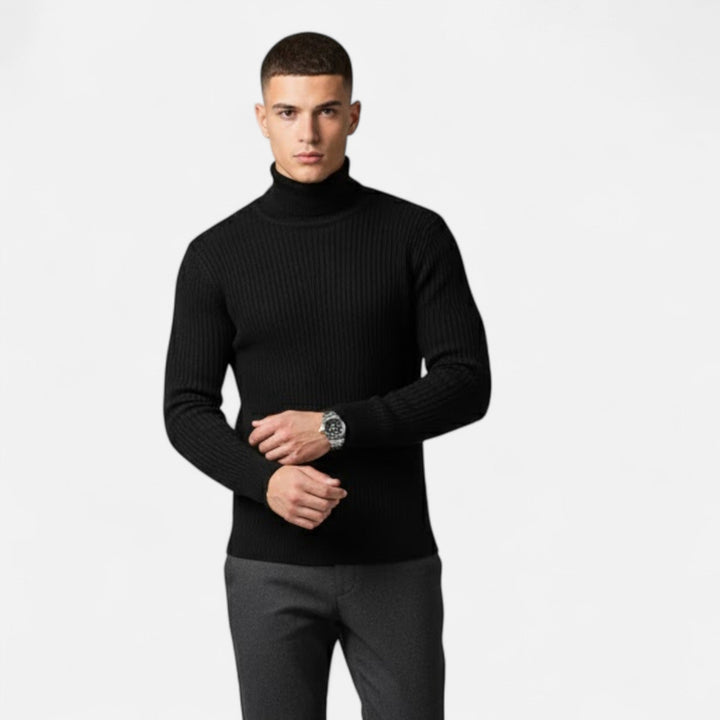 Soft men's knit high-lapel pullover. Cozy oversized sweater for ultimate comfort & modern style.