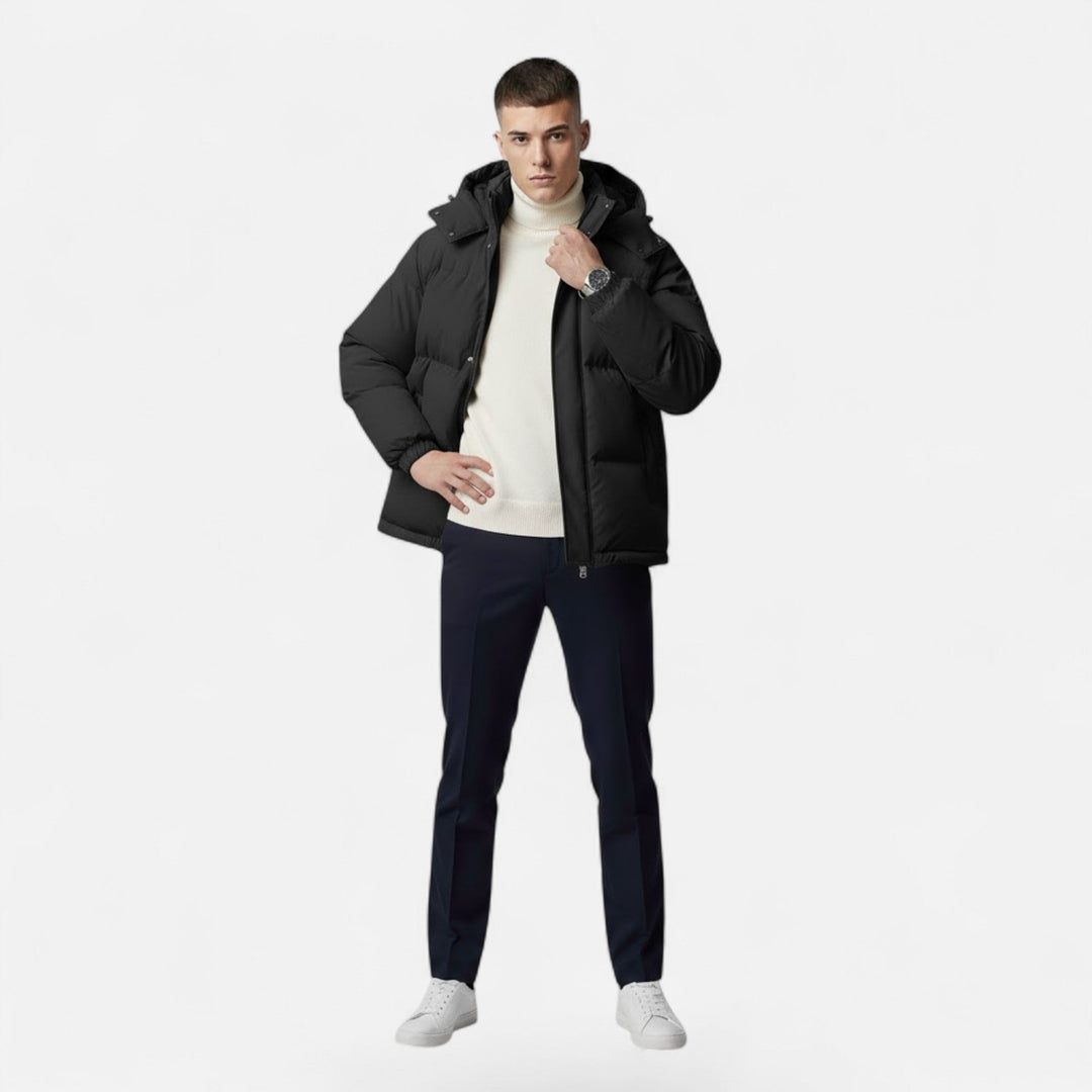 Men's stylish hooded padded outerwear, essential for cold weather protection.