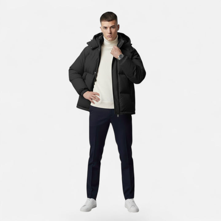 Men's stylish hooded padded outerwear, essential for cold weather protection.