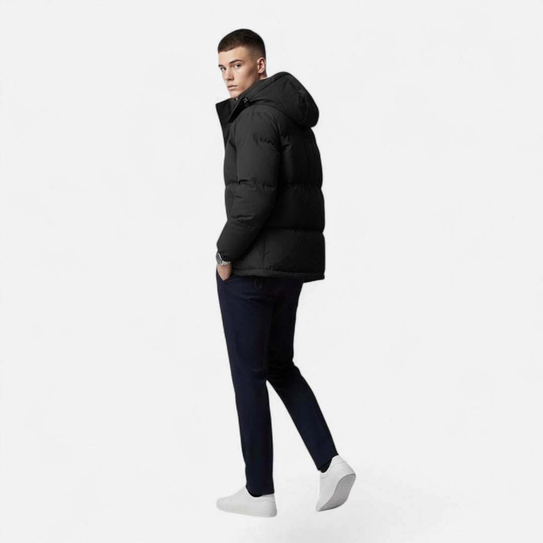 Black men's padded jacket with hood, great for winter activities & everyday warmth.