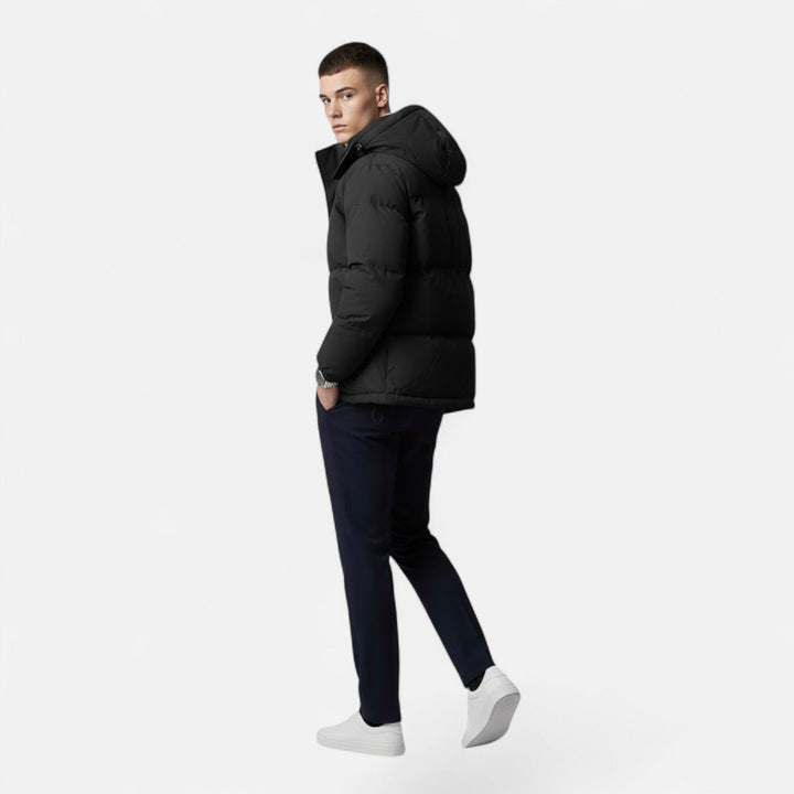 Black men's padded jacket with hood, great for winter activities & everyday warmth.