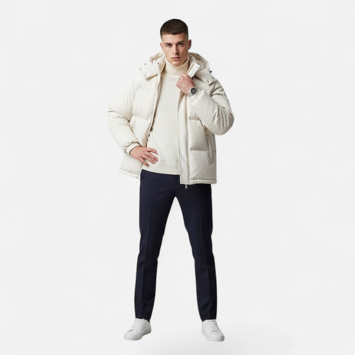 Stylish men's padded jacket with hood, ideal for casual everyday wear in winter.