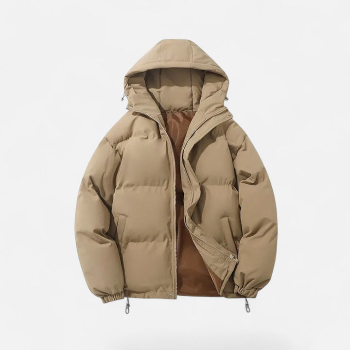 Zip-up men's hooded padded jacket, a versatile piece of winter outerwear.